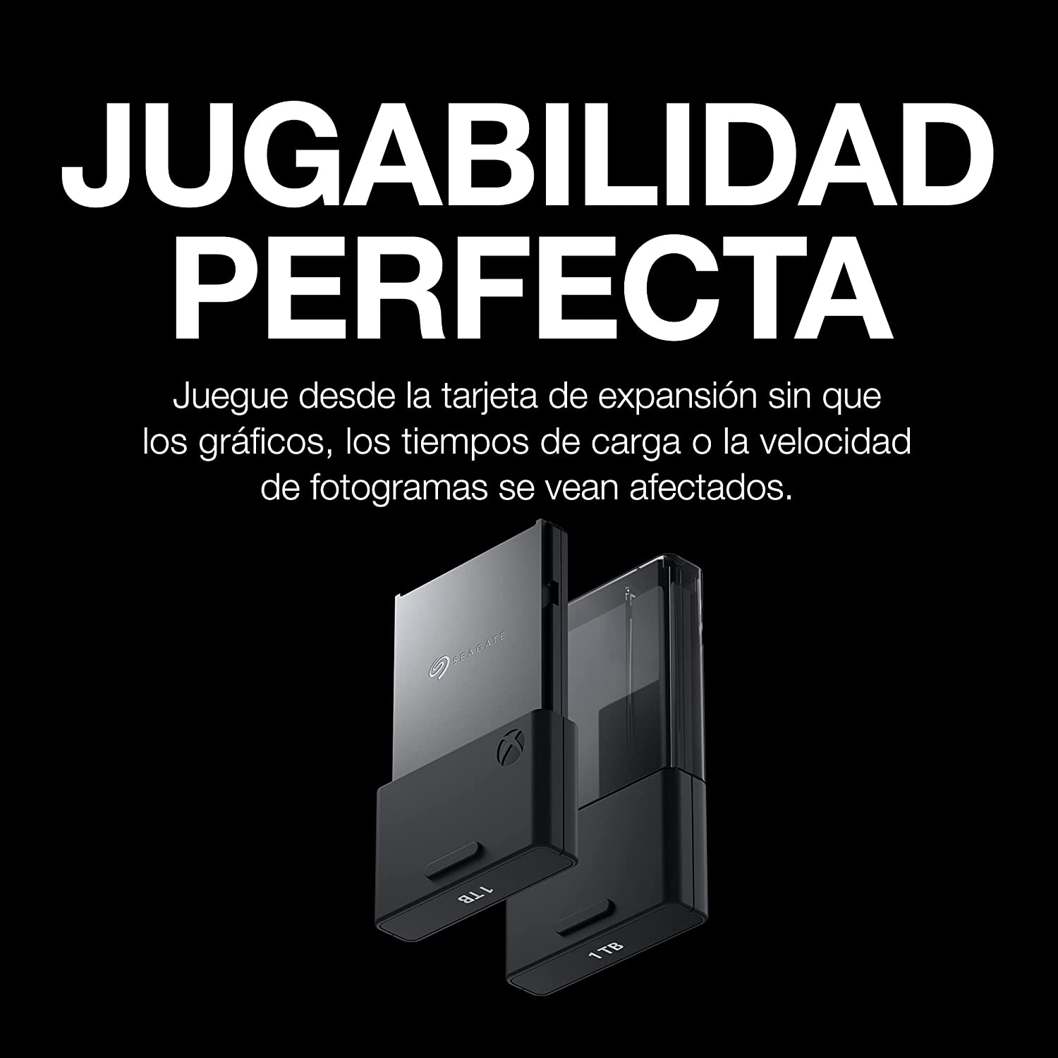 Tarjeta de expansión Seagate negra y gris para Xbox. Texto blanco dice 'Jugabilidad Perfecta'.