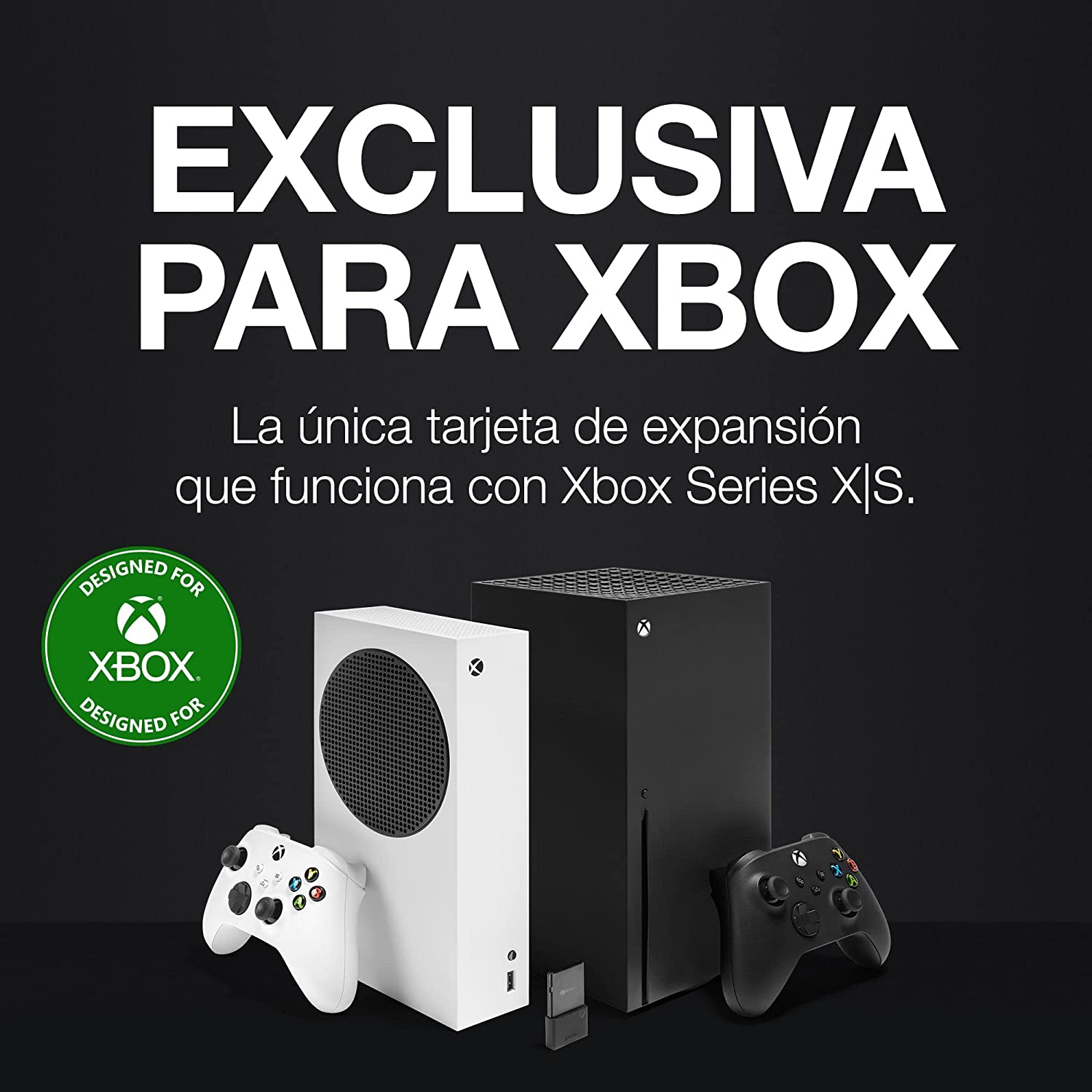 Consolas y mandos Xbox, con texto 'EXCLUSIVA PARA XBOX' y 'Designed For Xbox'.