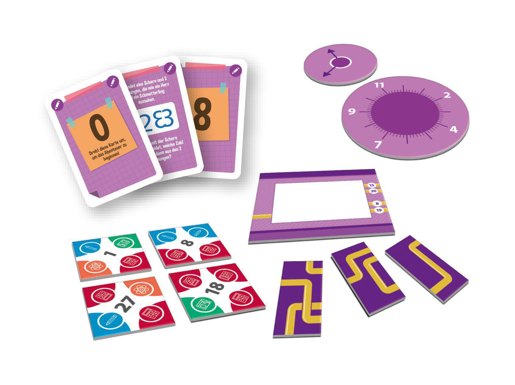 Spielsteine mit Karten und Formen. Karten haben Zahlen und Text. Andere Teile haben Zahlen und geometrische Muster.
