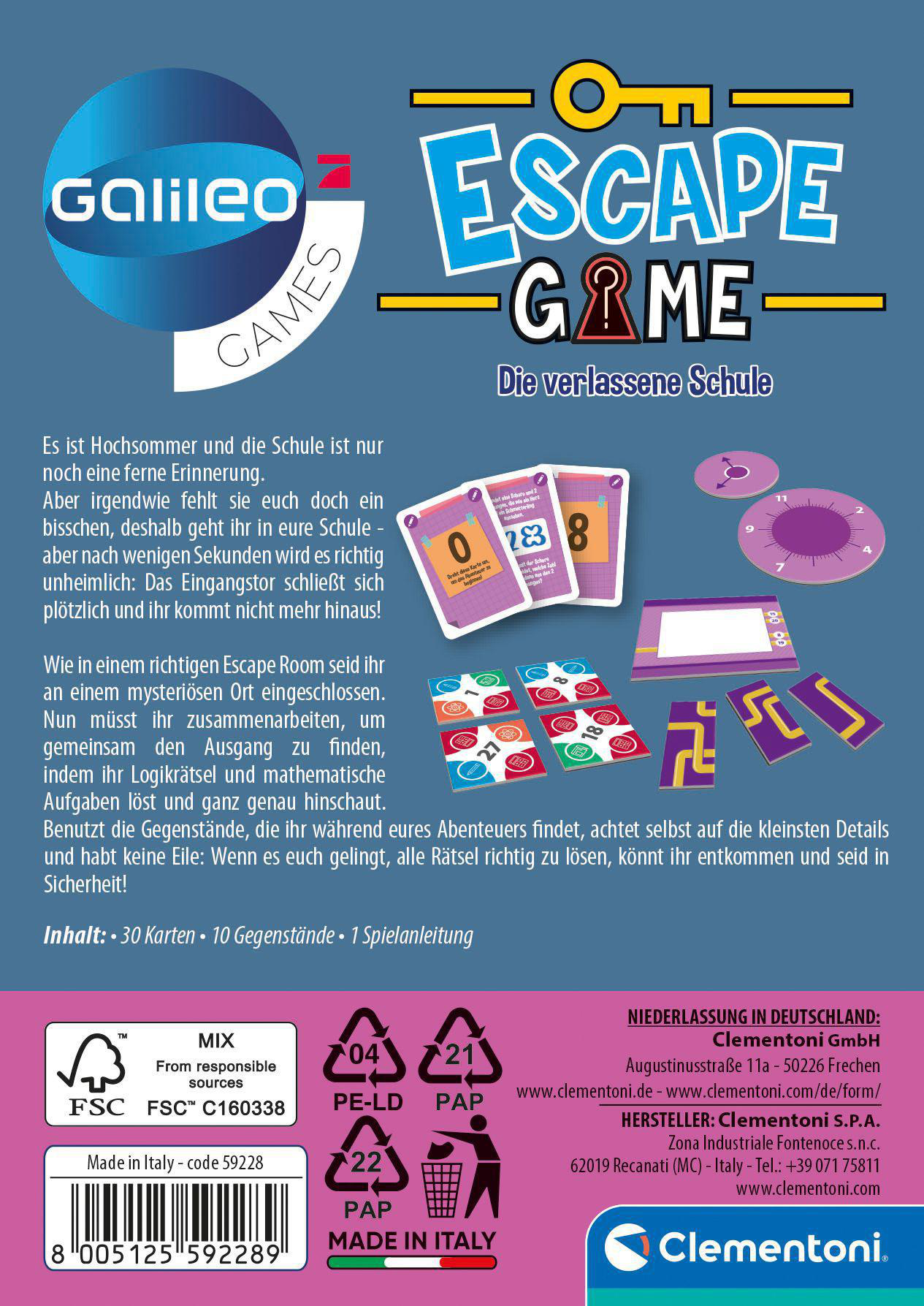 Schachtel des Galileo Escape Games, zeigt Spielkomponenten und Anweisungen mit Text.