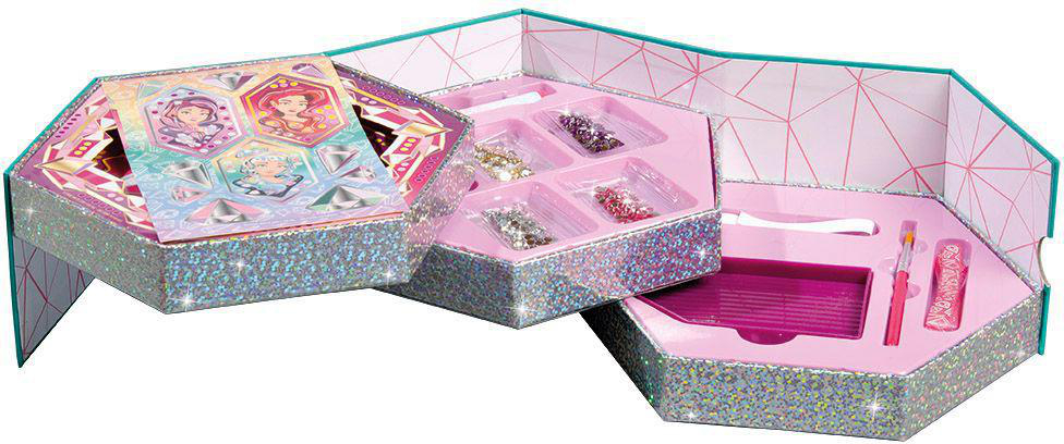 Bastelset mit Diamanten und Werkzeugen in einer Mehrfachfachbox, offen und angeordnet.
