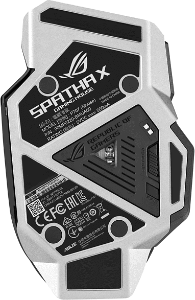 Az ROG Spatha X gaming egér alja. Ezüst és fekete, ROG logóval és gombokkal.
