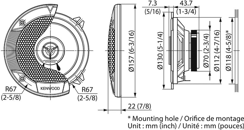 A Kenwood car audio speaker with specifications in mm and inches.