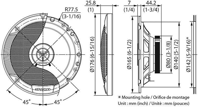 Technische tekening van een luidspreker met afmetingen en maten in mm en inches.