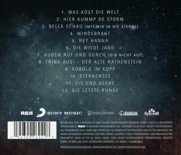 Albumcover mit Titelliste und Logos auf sternenklarem Hintergrund.