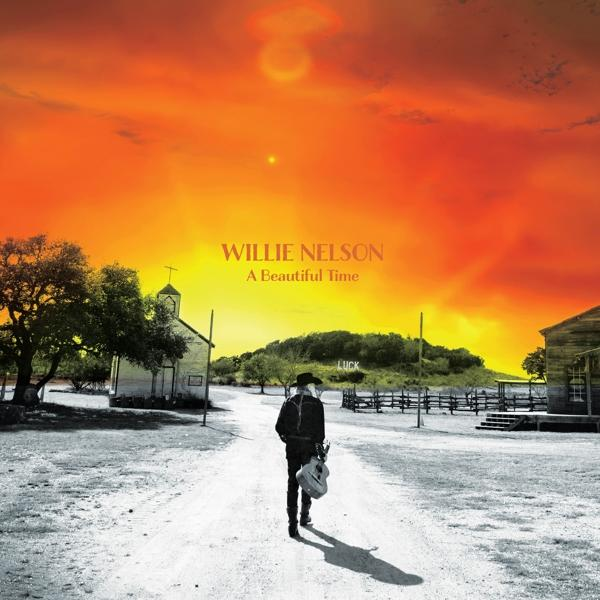 Willie Nelson Albumcover. Sonnenuntergang, Mann geht mit Gitarre auf der Straße. Text: A Beautiful Time.