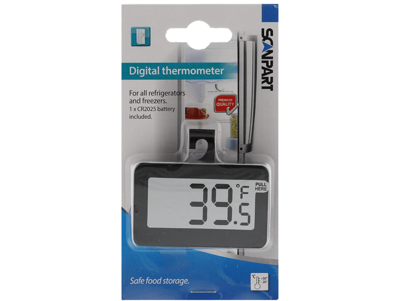 Digital thermometer in a package. It displays 39.5°F. Text says safe food storage.