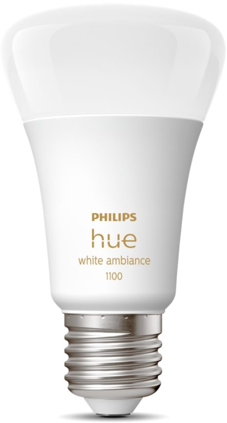 Une ampoule intelligente Philips Hue blanche. Nom de la marque et détails imprimés. Fond blanc.