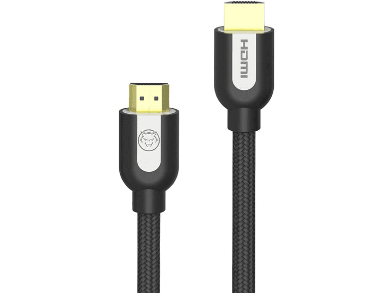 Een zwarte HDMI-kabel met gouden connectoren en een wit logo.