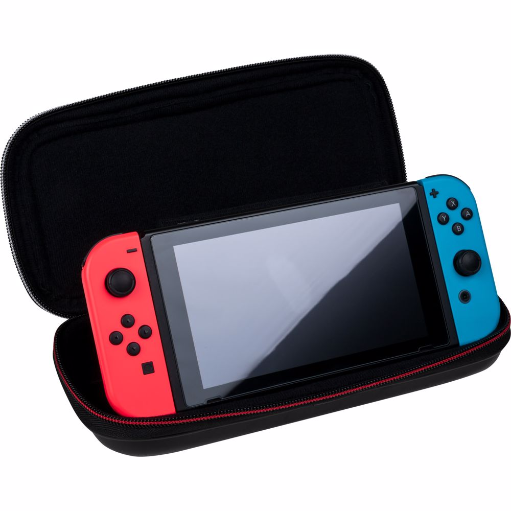 A black case holding a Nintendo Switch and Joy-Cons.