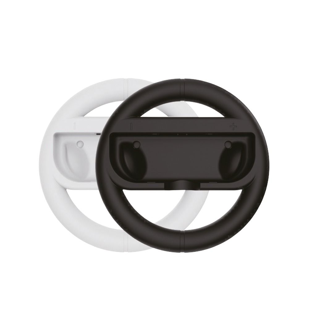 Two black and white Wii steering wheels. One white, one black, with a controller slot.