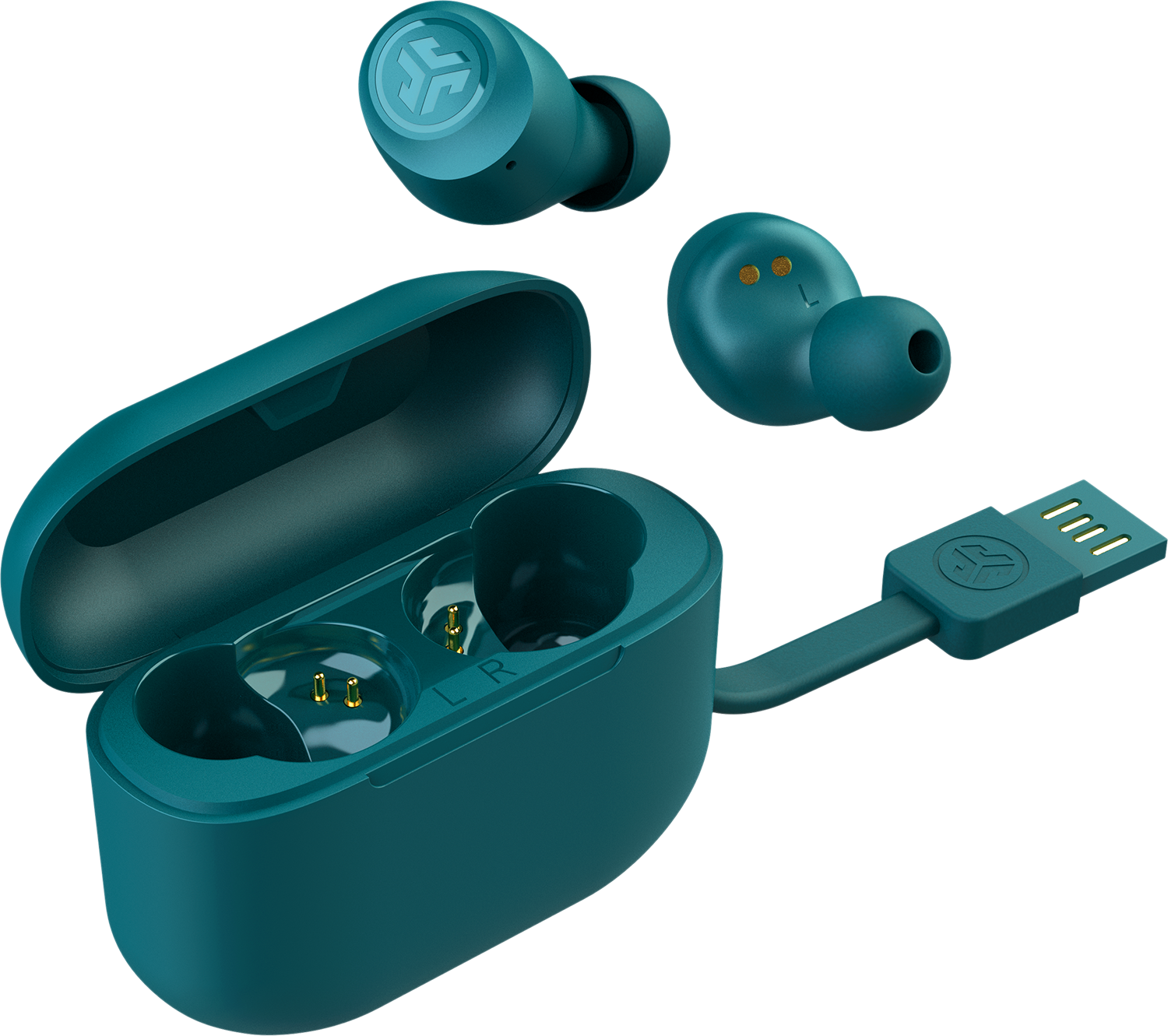 Teal earbuds in an open teal charging case with a USB cable.