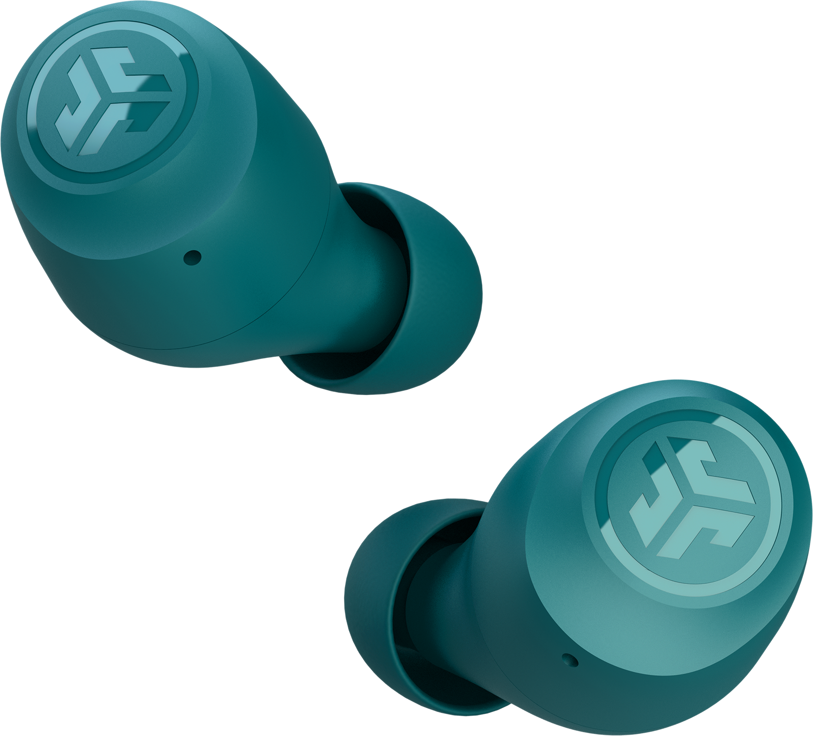 Two teal earbuds, close-up, with a black background.