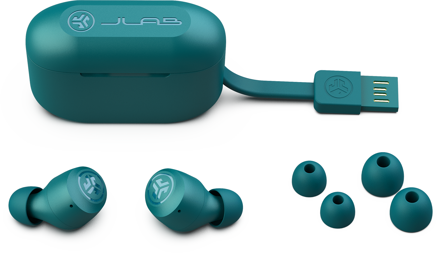 Teal earbuds, charging case, and USB cable. Earbuds and extra ear tips are included.