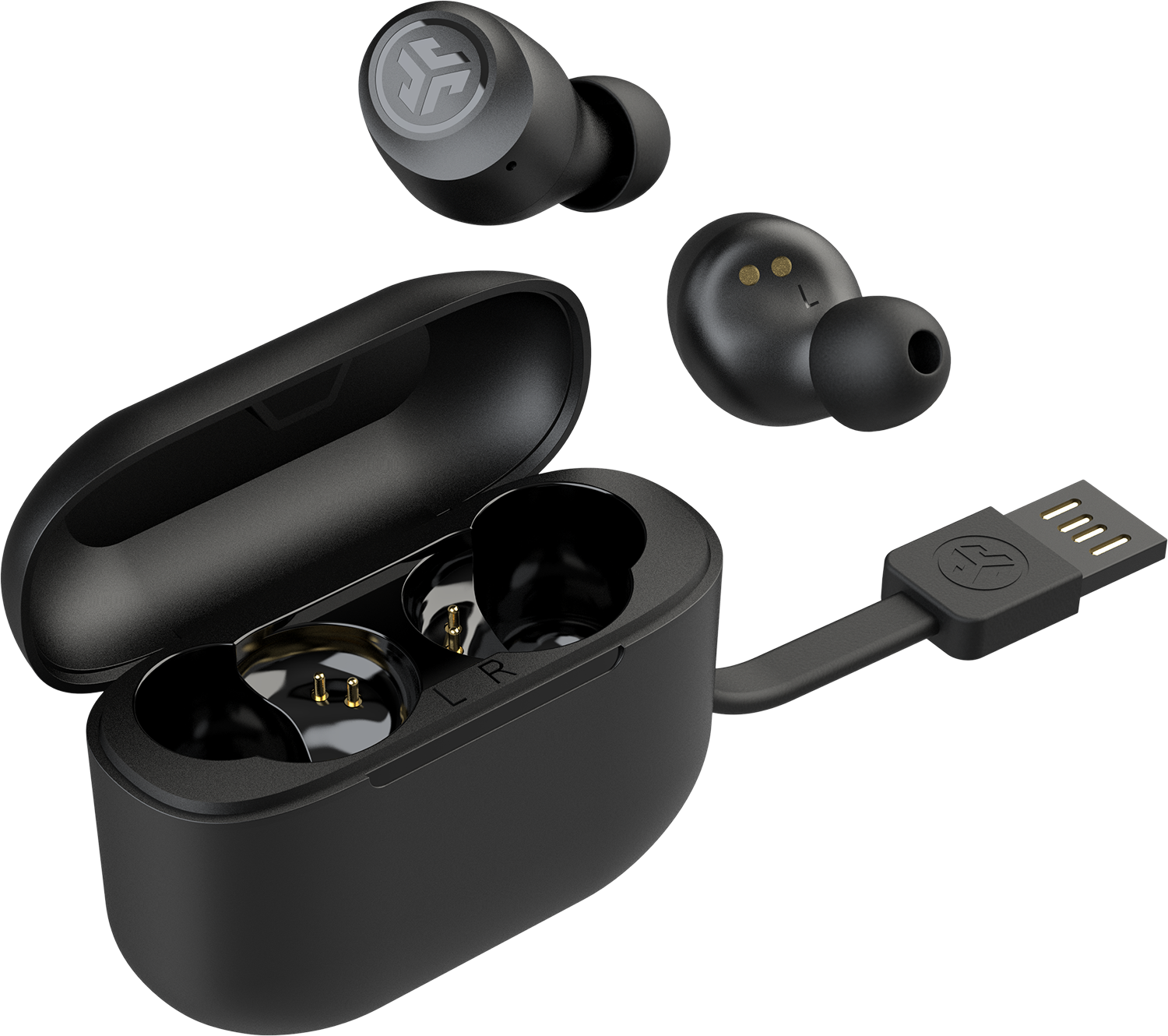 Zwarte draadloze oordopjes met oplaadcase en USB-kabel. Oordopjes in en uit de case.