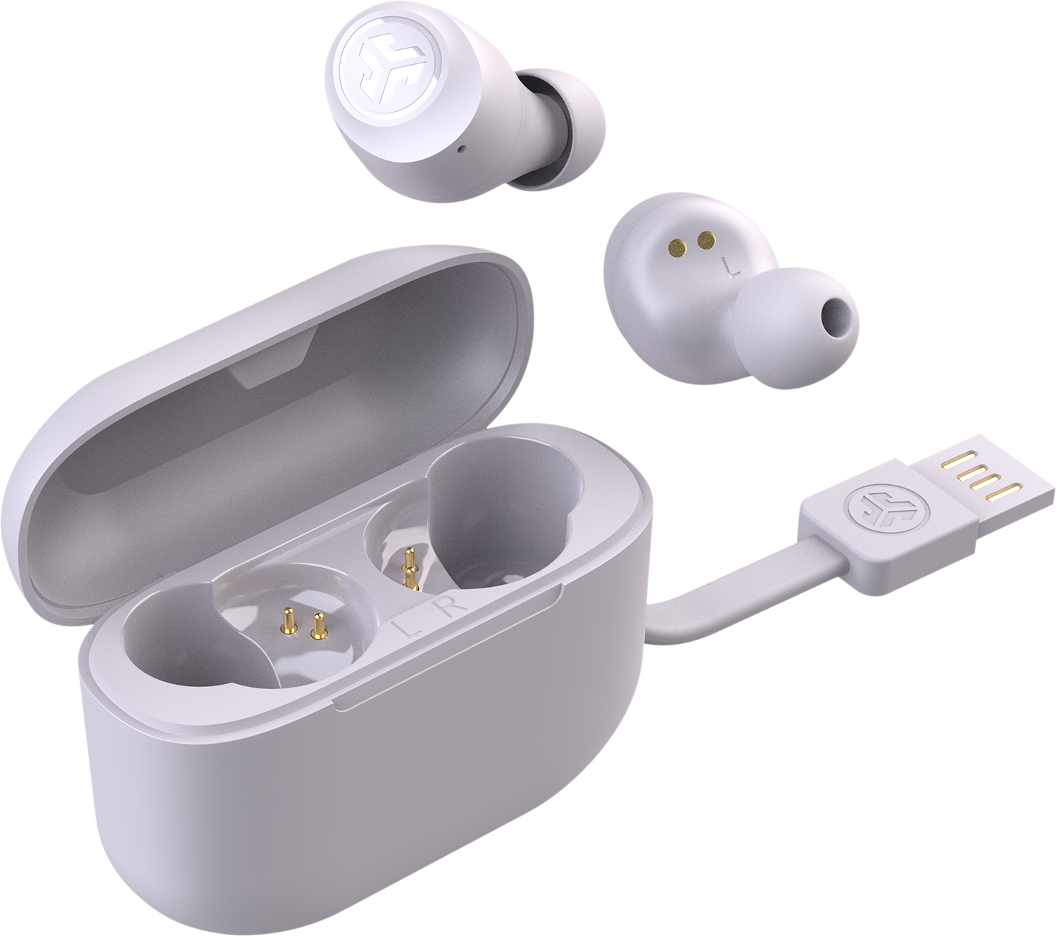 White wireless earbuds, charging case with open lid and a USB-C cable.
