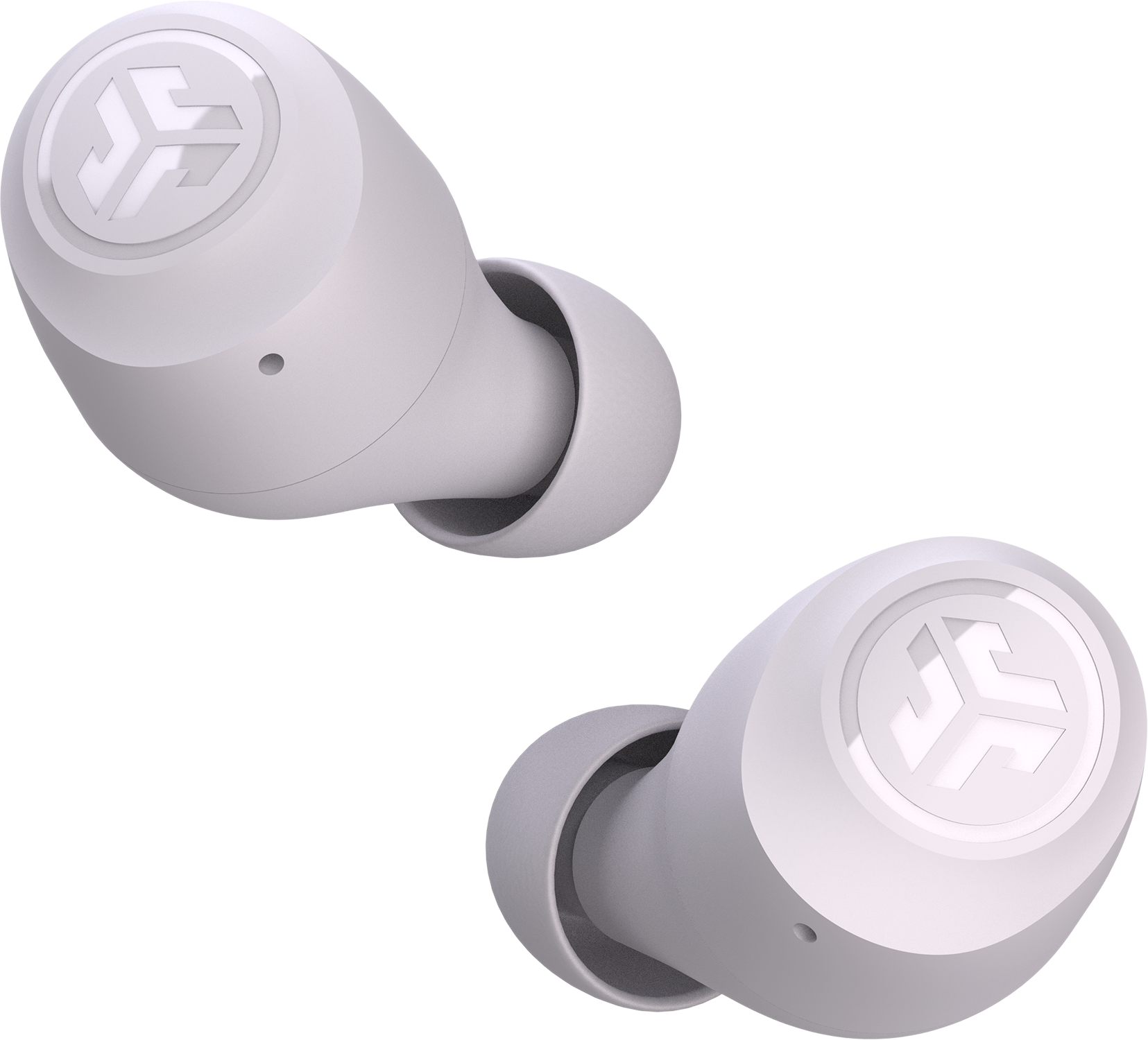 Two white earbuds with logos on a black background.