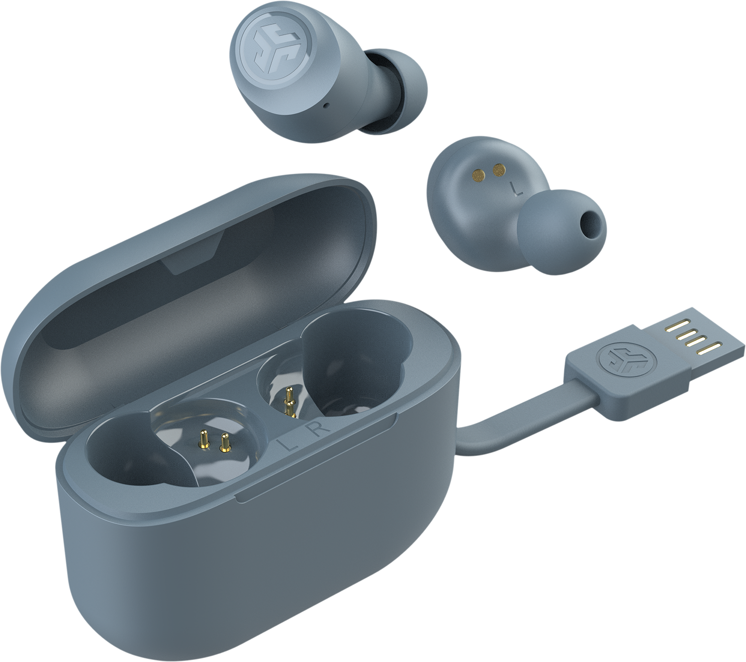 Blue earbuds, charging case, and cable. White background.