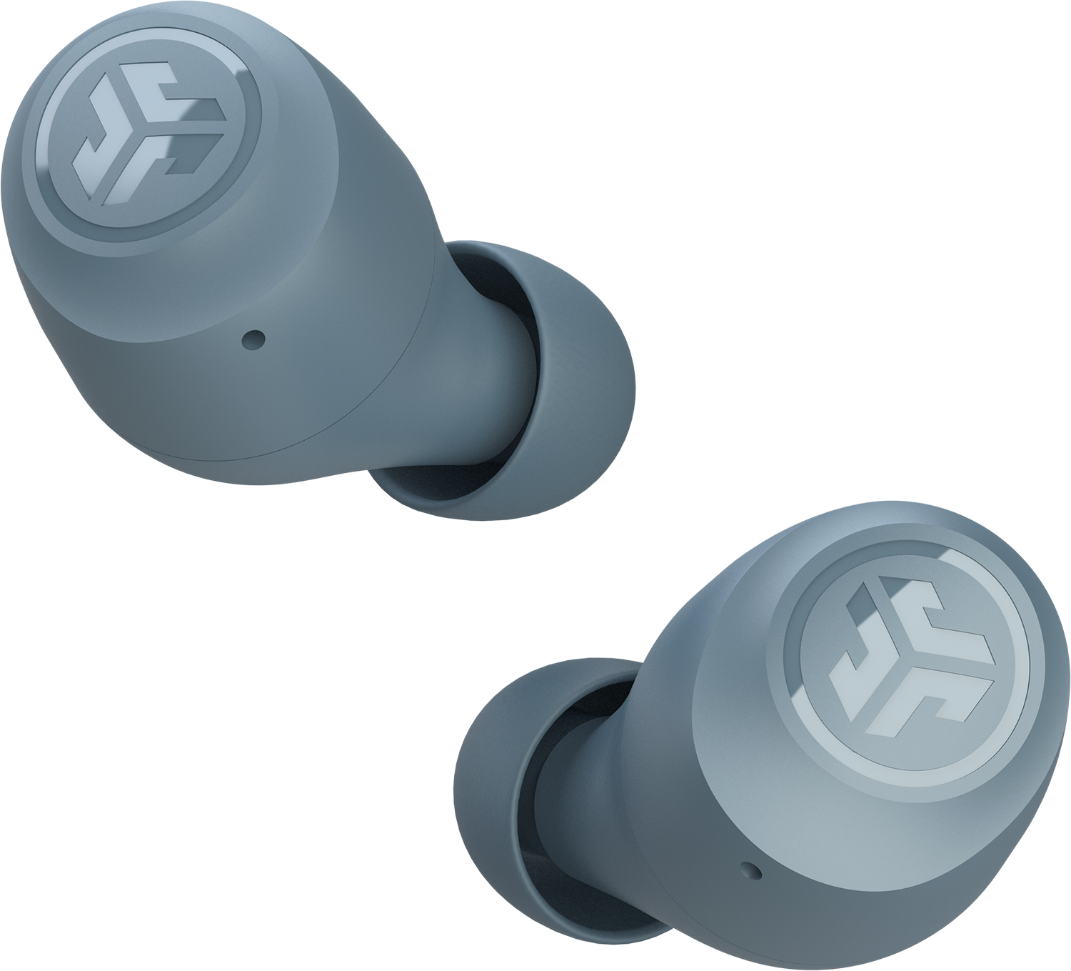 Two blue wireless earbuds on a black background, angled to the right.