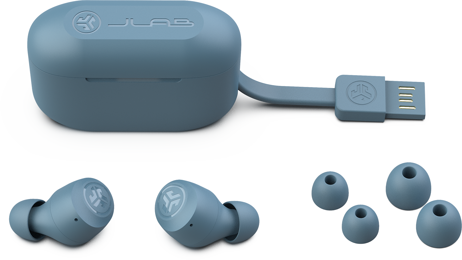 Blue wireless earbuds, charging case, and USB connector. Ear tips are near the earbuds.