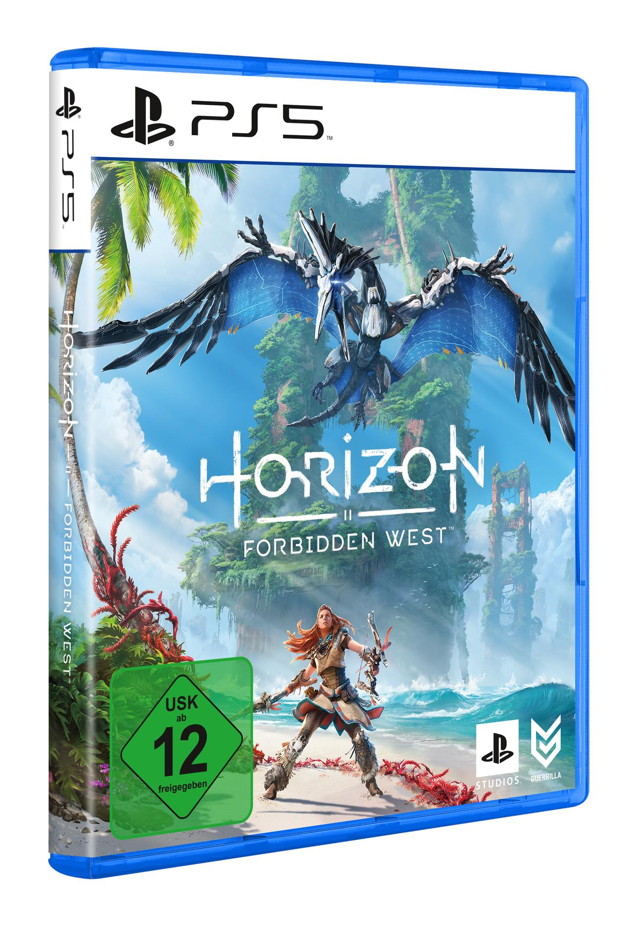 PS5-Spielverpackung für Horizon Forbidden West. Zeigt eine Frau, die gegen ein Wesen kämpft.