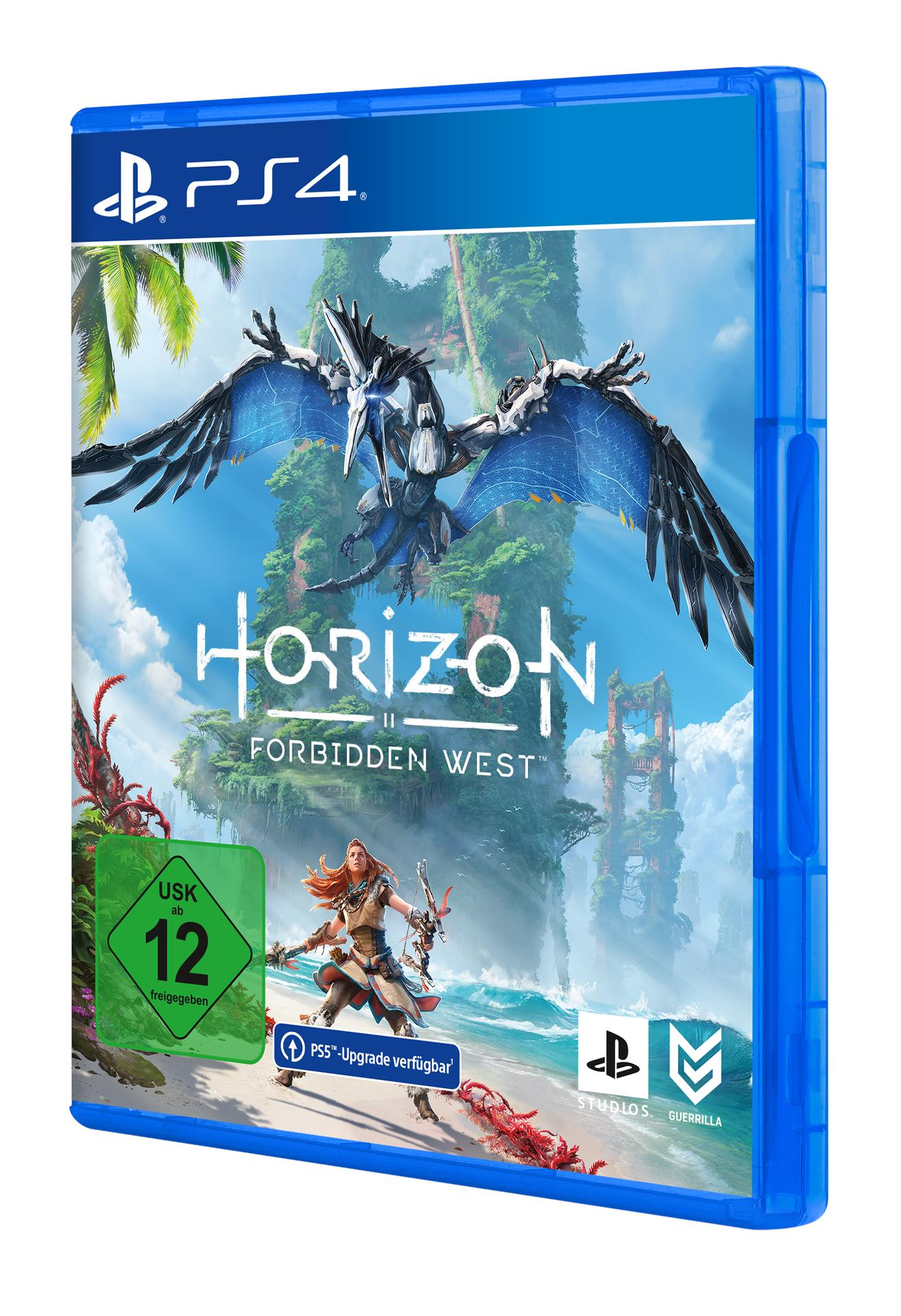 PS4-Spielbox mit Horizon Forbidden West, mit einem Roboterwesen und einer weiblichen Figur.