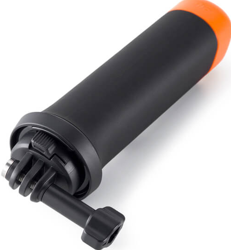 Schwarz-oranger GoPro-Schwimmgriff mit Befestigungsschraube und schwarzem Riemen.