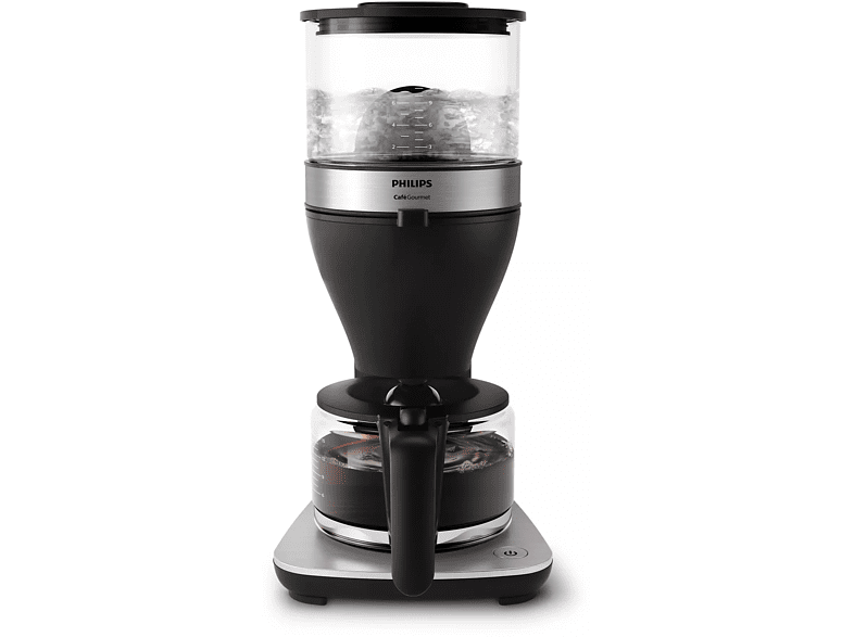 Philips coffee machine, black and silver, with a glass carafe.