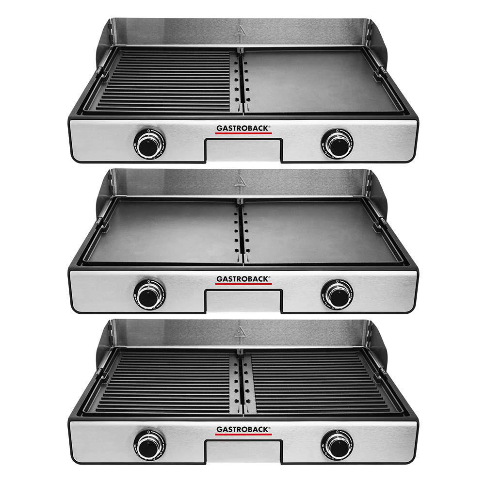 Drei Edelstahlgrills mit Grill- und Grillflächen, schräge Ansicht.