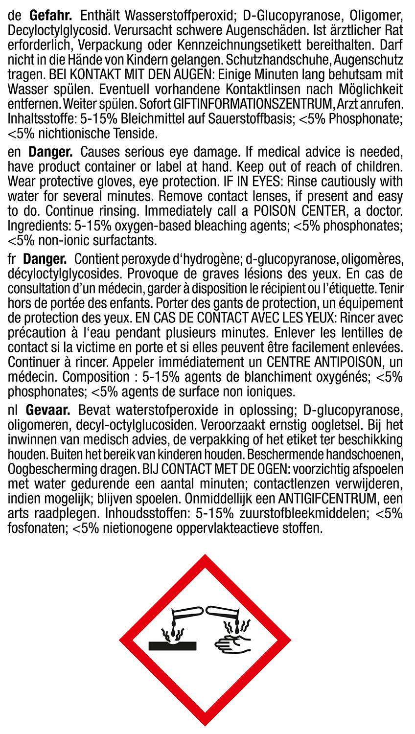 Warning label with chemical information and symbols.