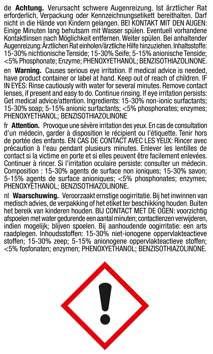Warning label with text in multiple languages. Contains an exclamation mark within a red diamond.