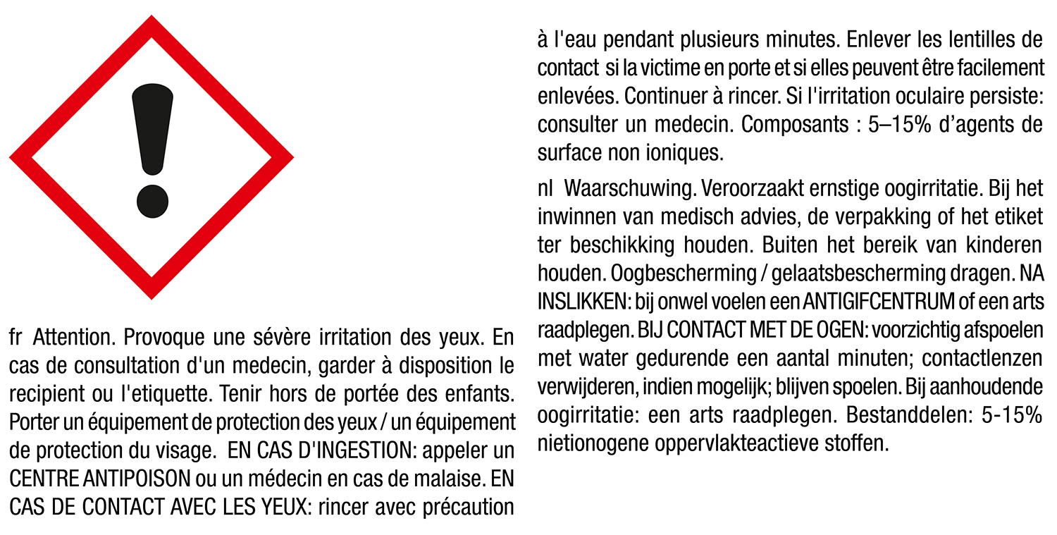 Waarschuwingsbord met uitroepteken, details in het Frans en Nederlands over oogirritatie.