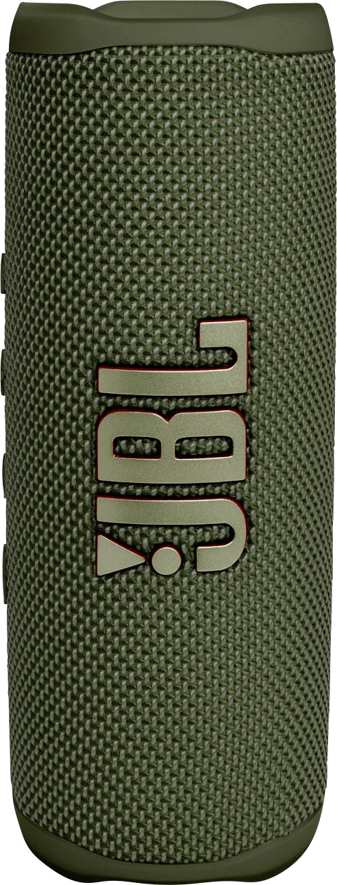 Groene JBL-luidspreker met het JBL-logo in rood. De luidspreker heeft een gestructureerd oppervlak.