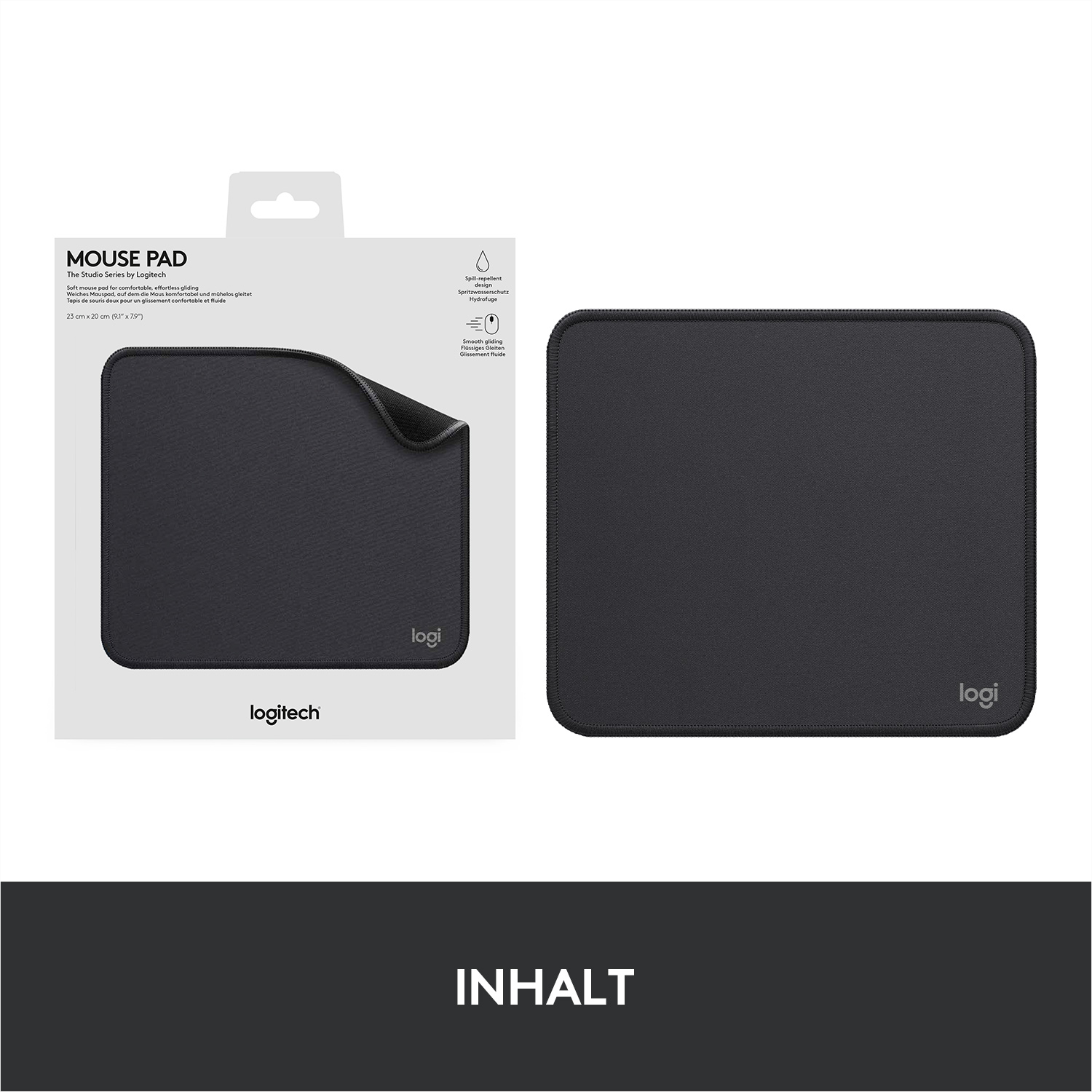 Ein Logitech-Mauspad in einer Verpackung und eine Nahaufnahme. Schwarz mit weißem Hintergrund.
