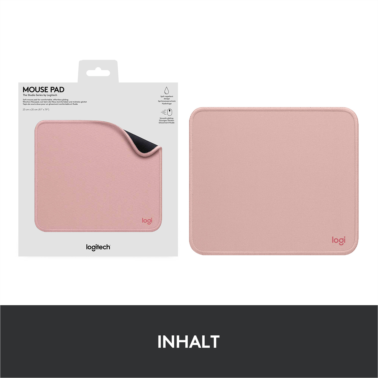 Rosa Mauspad mit Verpackung. Logitech-Logo auf beiden. Die Verpackung hat eine Zeichnung eines Wassertropfens.
