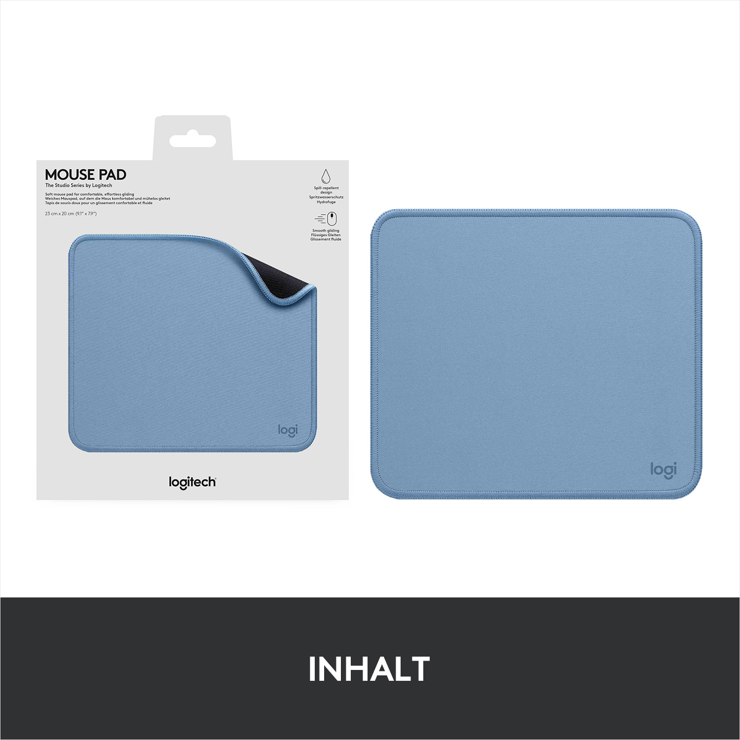 Blaues Mauspads und seine Verpackung, beide mit Logitech-Logo, auf weißem Hintergrund.