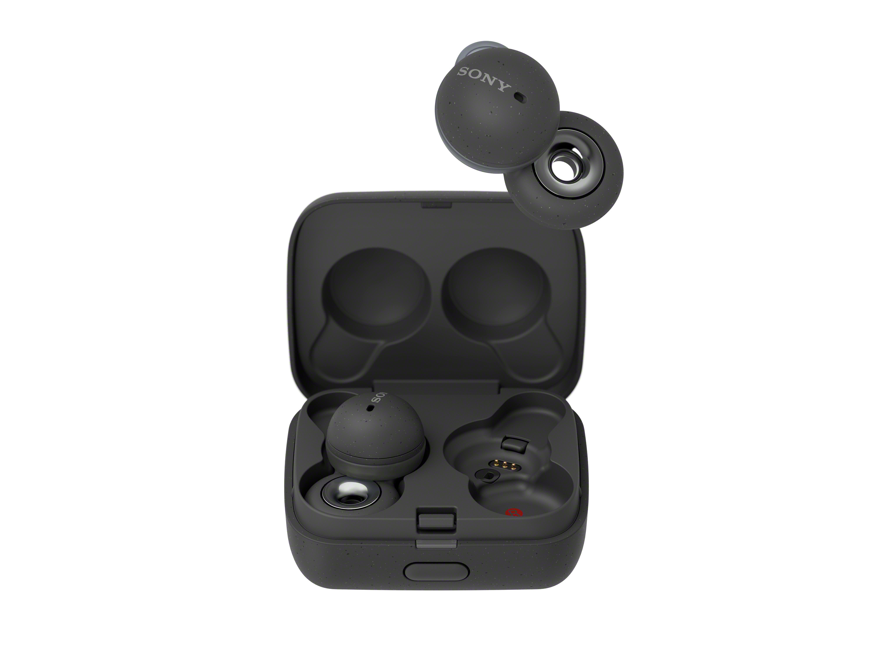 Auriculares Sony negros con estuche de carga. Un auricular está encima del estuche. Fondo blanco.