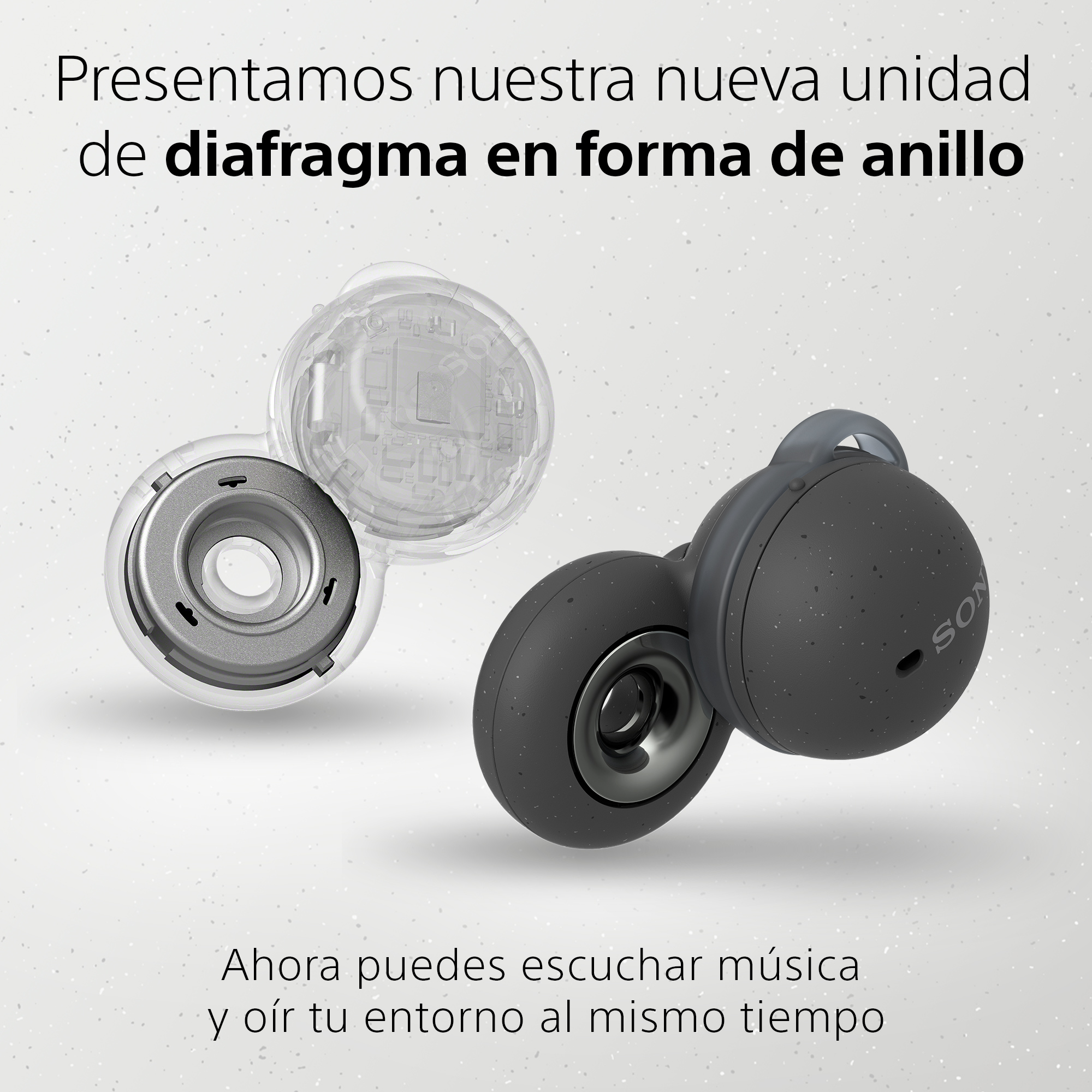 Auriculares con componentes transparentes. El texto dice: Ahora puedes escuchar música y oír tu entorno.