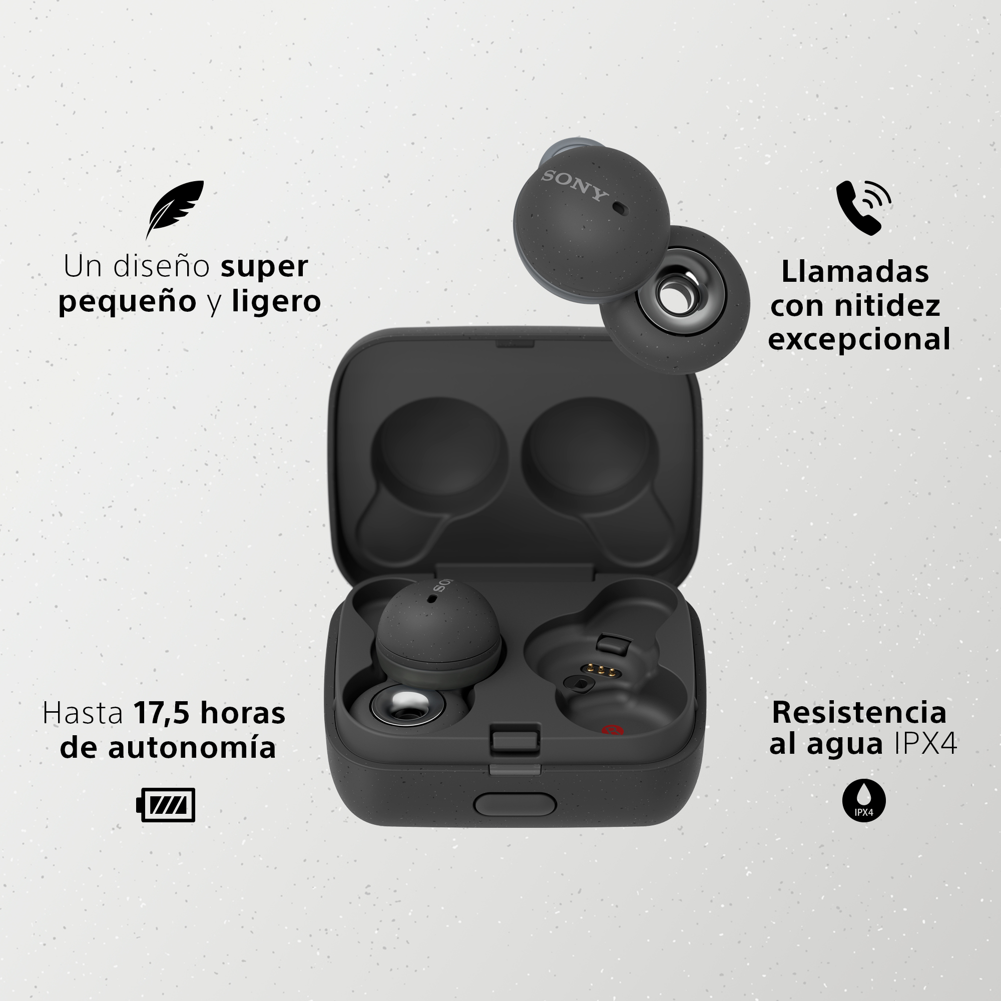 Auriculares en estuche de carga con texto. Dos auriculares, estuche de carga e icono.