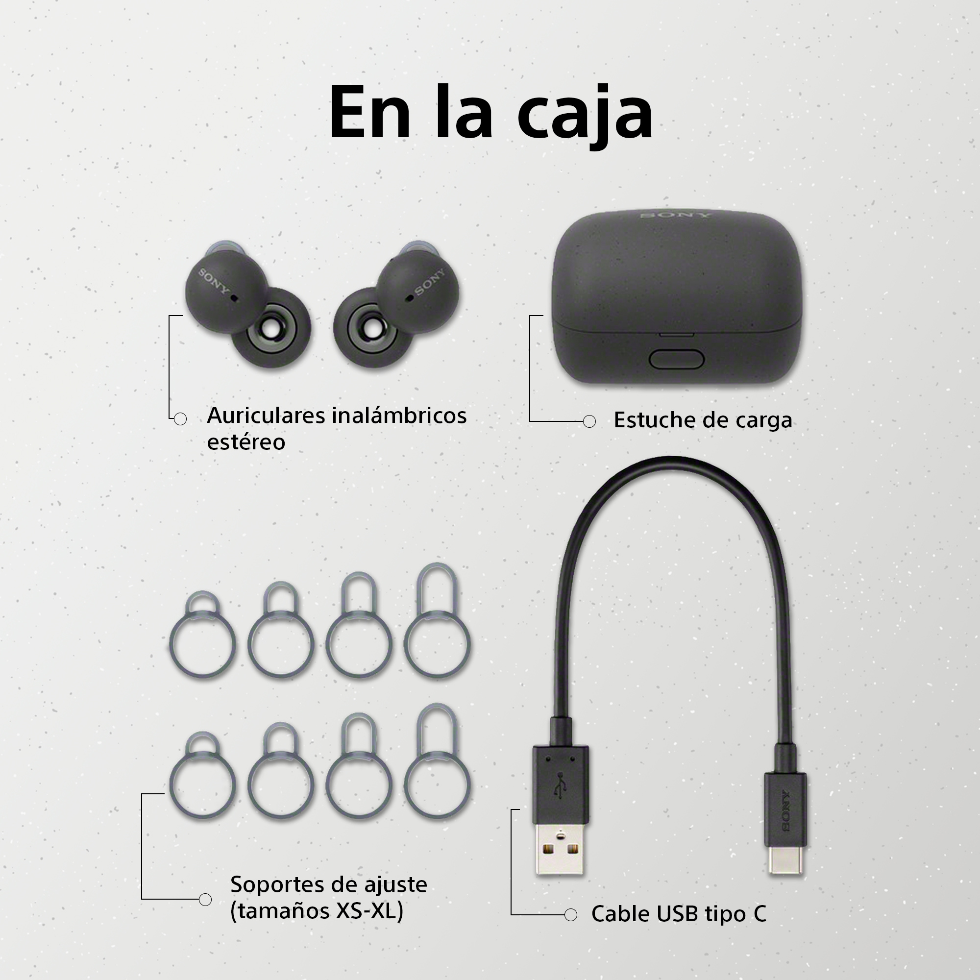 Auriculares Sony desempaquetados, estuche de carga, cable USB y almohadillas, todo en blanco.