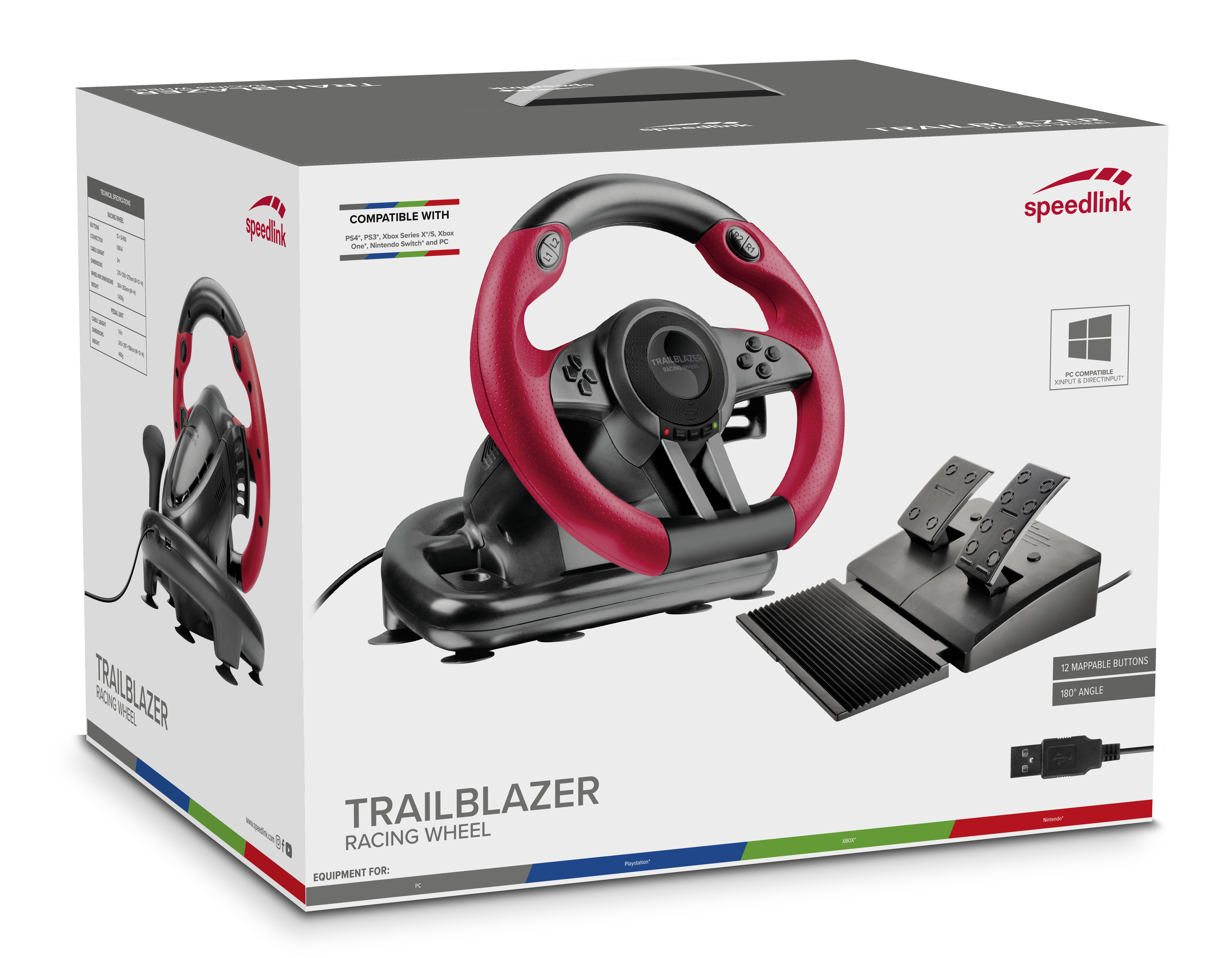 Eine Box mit Lenkrad und Pedalen. Die Box hat ein rot-schwarzes Rennlenkrad.