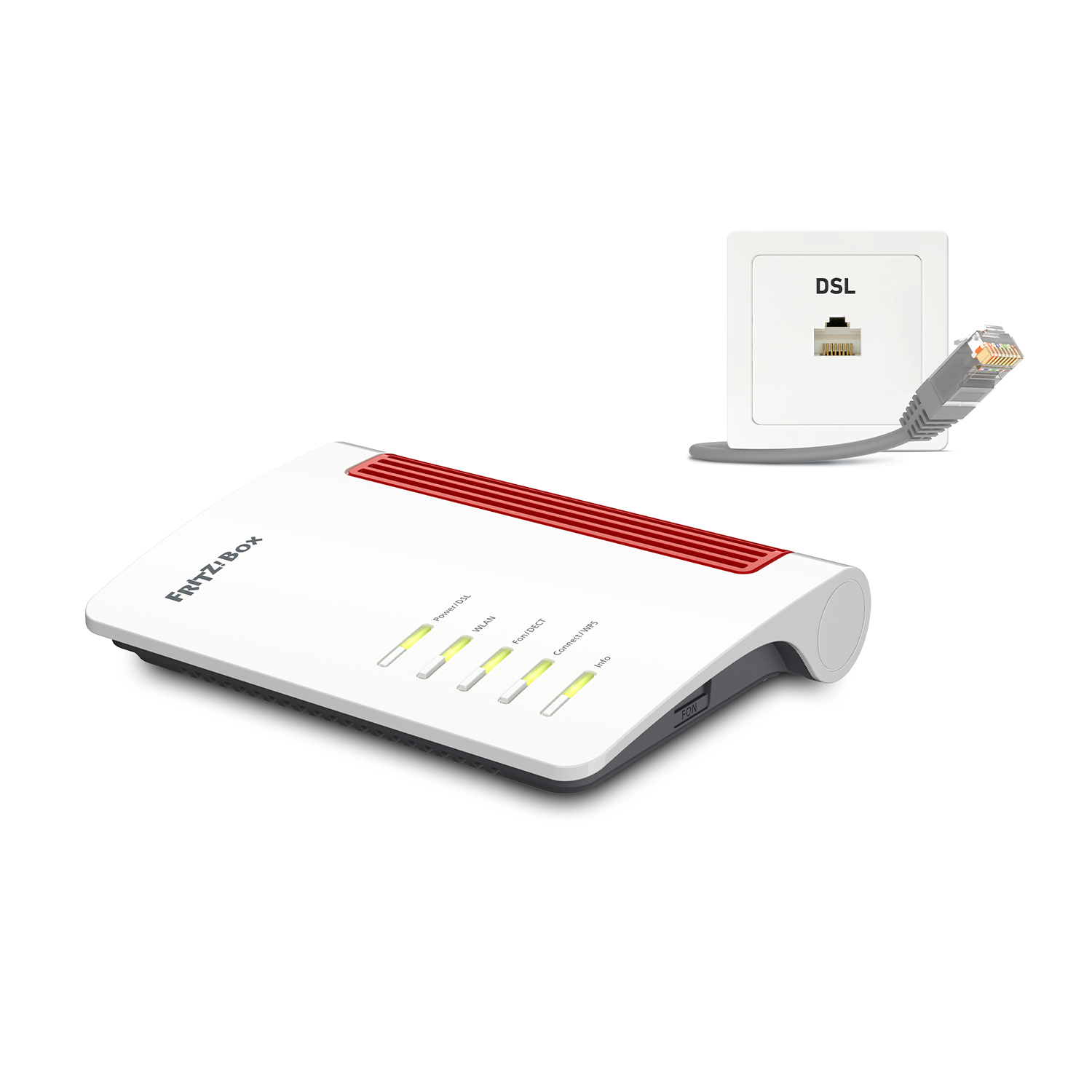 Router bianco con striscia rossa. Connessione DSL a destra. Indicatori e il marchio FRITZ!Box visibili.