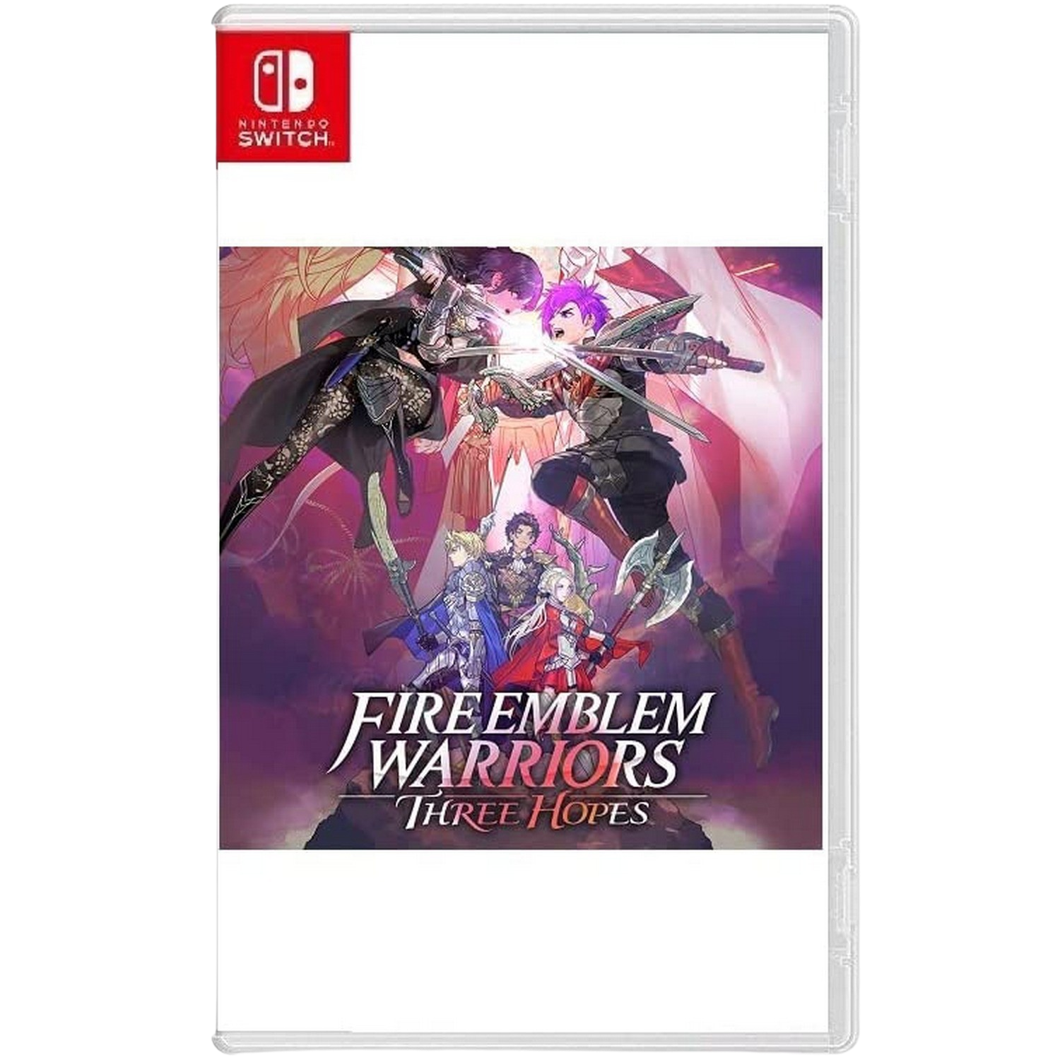 Caja de juego de Nintendo Switch. Los personajes luchan en la portada. Título: Fire Emblem Warriors: Three Hopes.