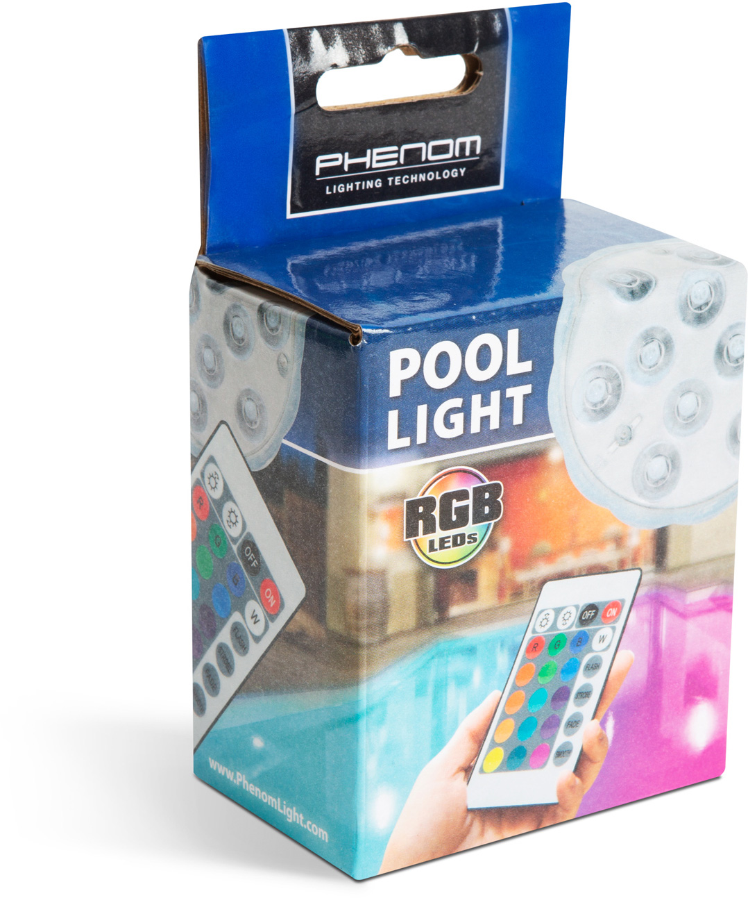 Egy doboz medencelámpákkal és távirányítóval. A dobozon medencejelenet látható, és a 'POOL LIGHT' szavak.
