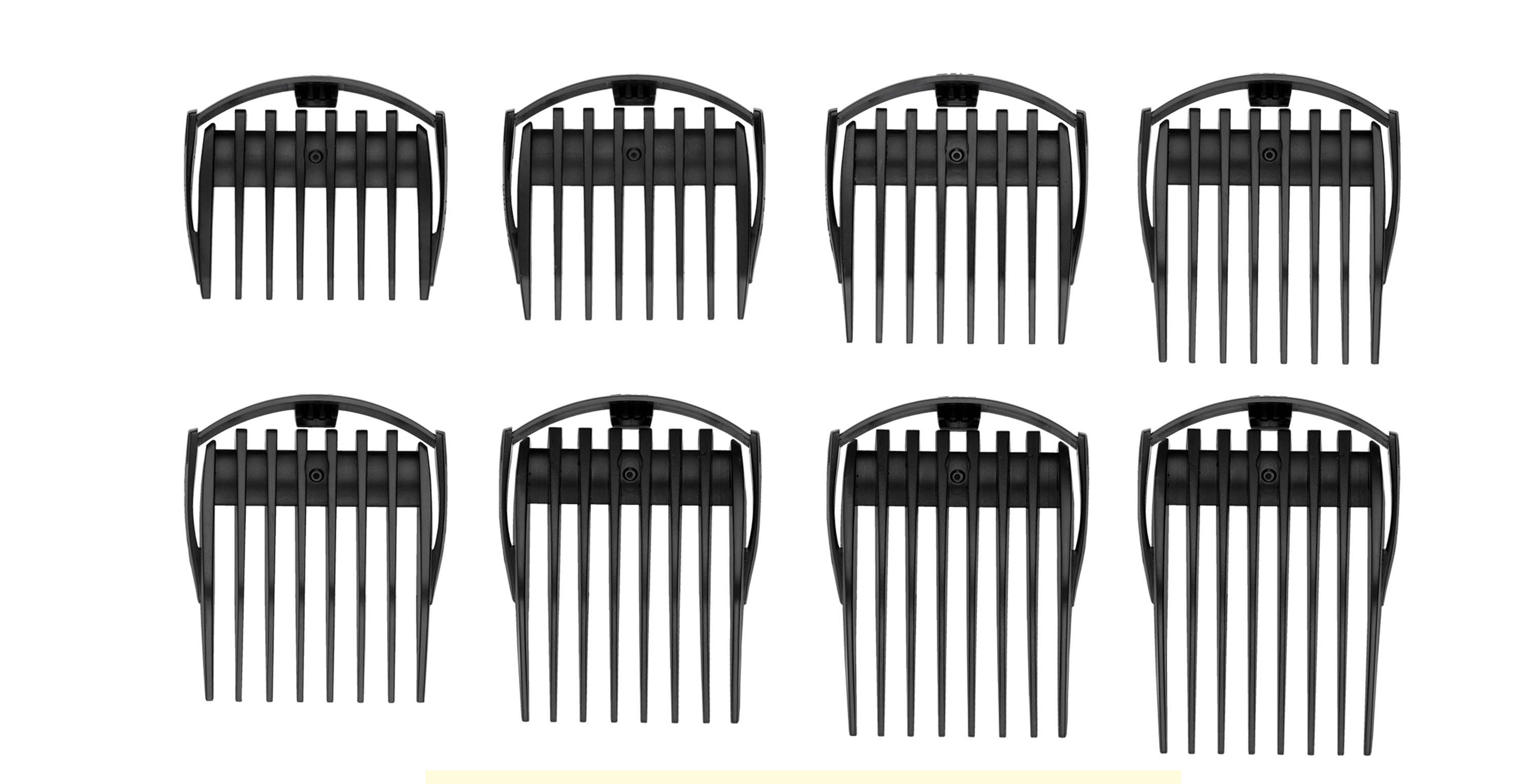 Une collection d'accessoires noirs pour tondeuses à cheveux. Ils ont différentes tailles.
