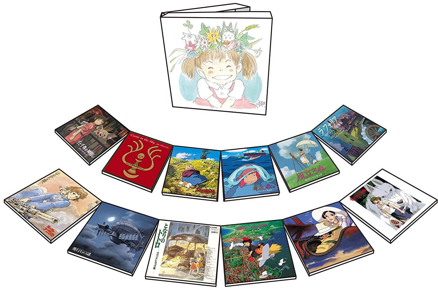 Studio Ghibli filmborítók gyűjteménye félkörben elrendezve, felül illusztrációval.