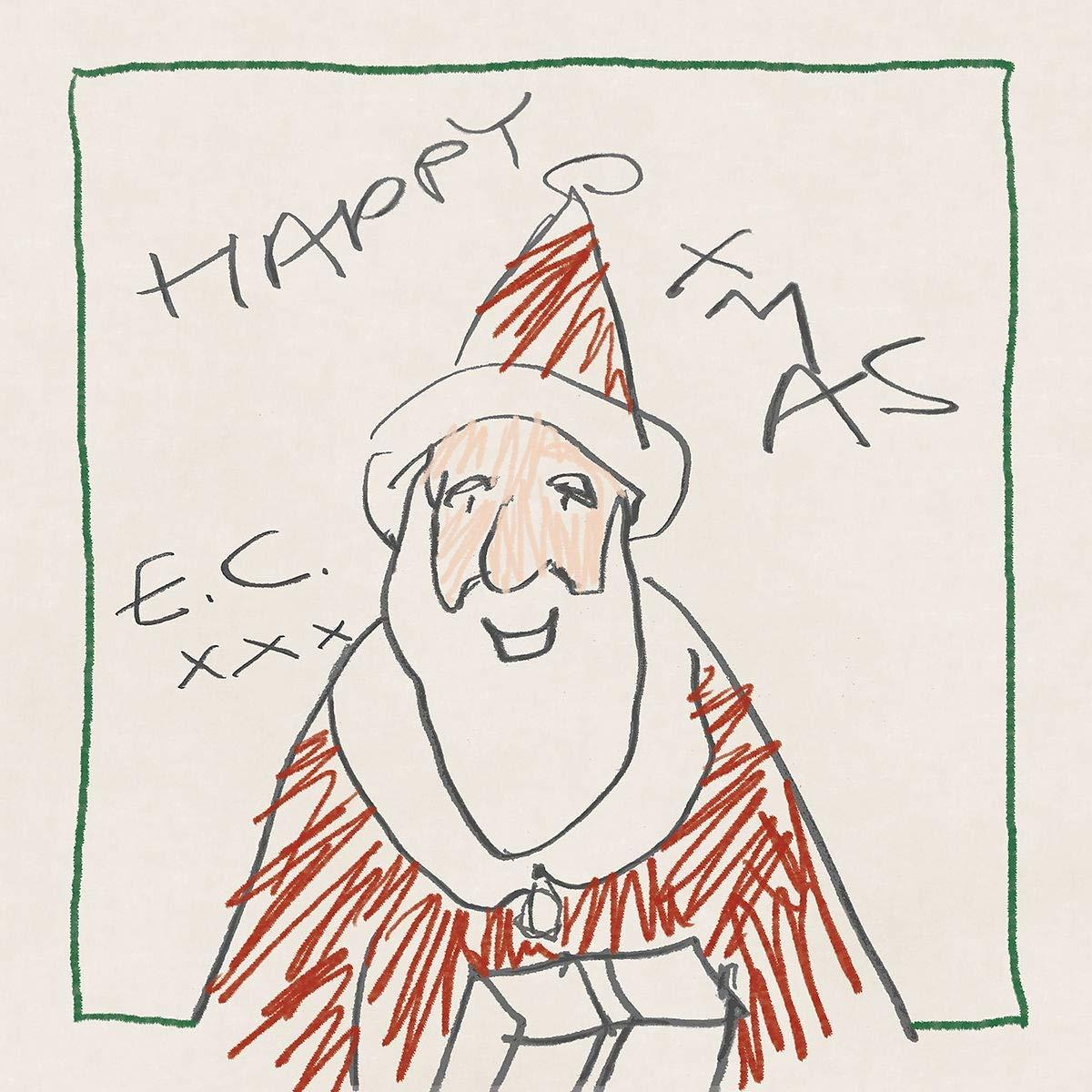 Egy rajz a Mikulásról a 'Happy Xmas' üzenettel. A rajz egyszerű és színes.