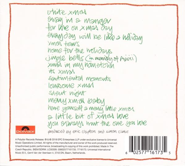 Egy CD-borító kézzel írt karácsonyi dalcímekkel zöld színnel, fehér háttéren.
