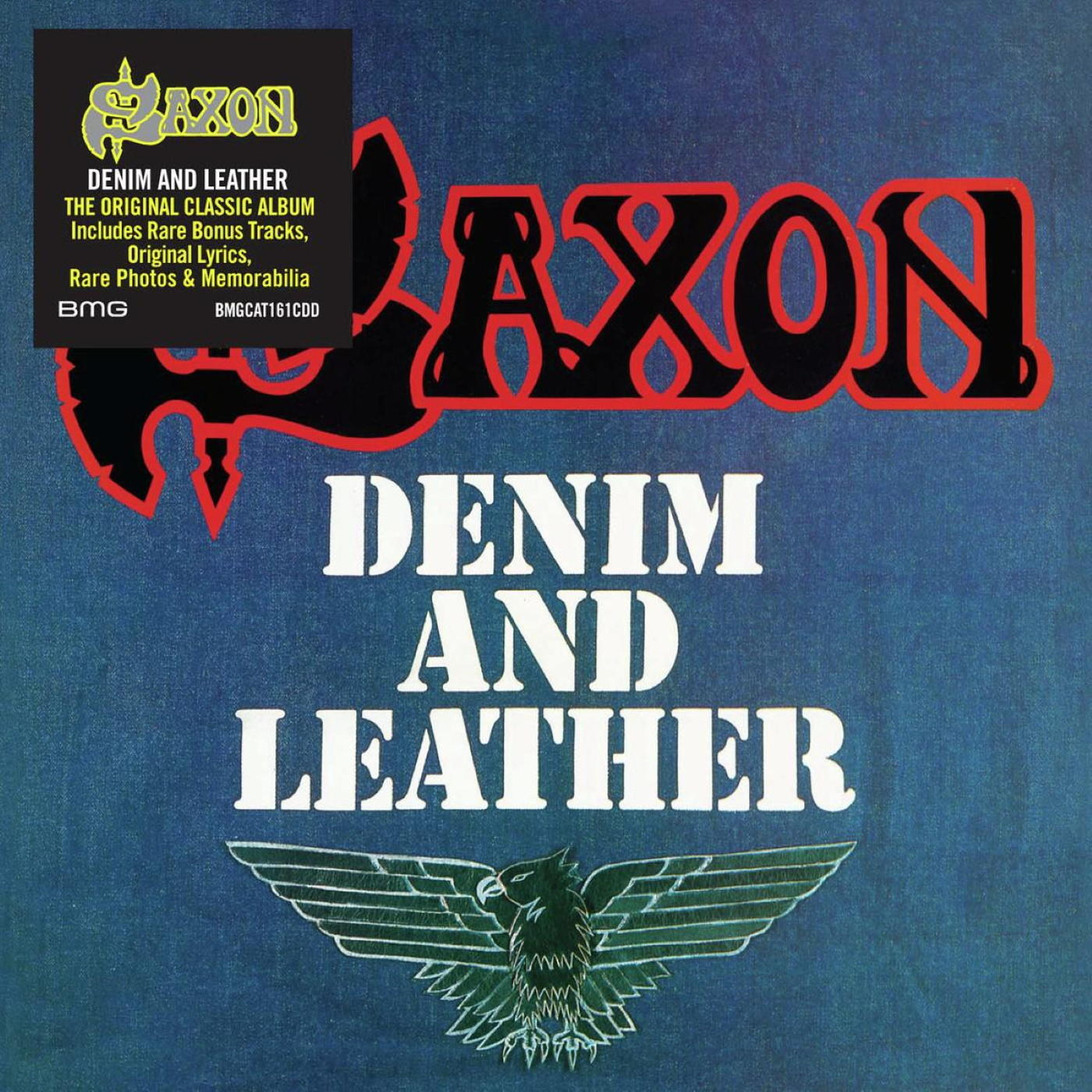 A Saxon 'Denim and Leather' albumának borítója. Zenekari logó, albumcím és egy fekete-sárga matrica látható.