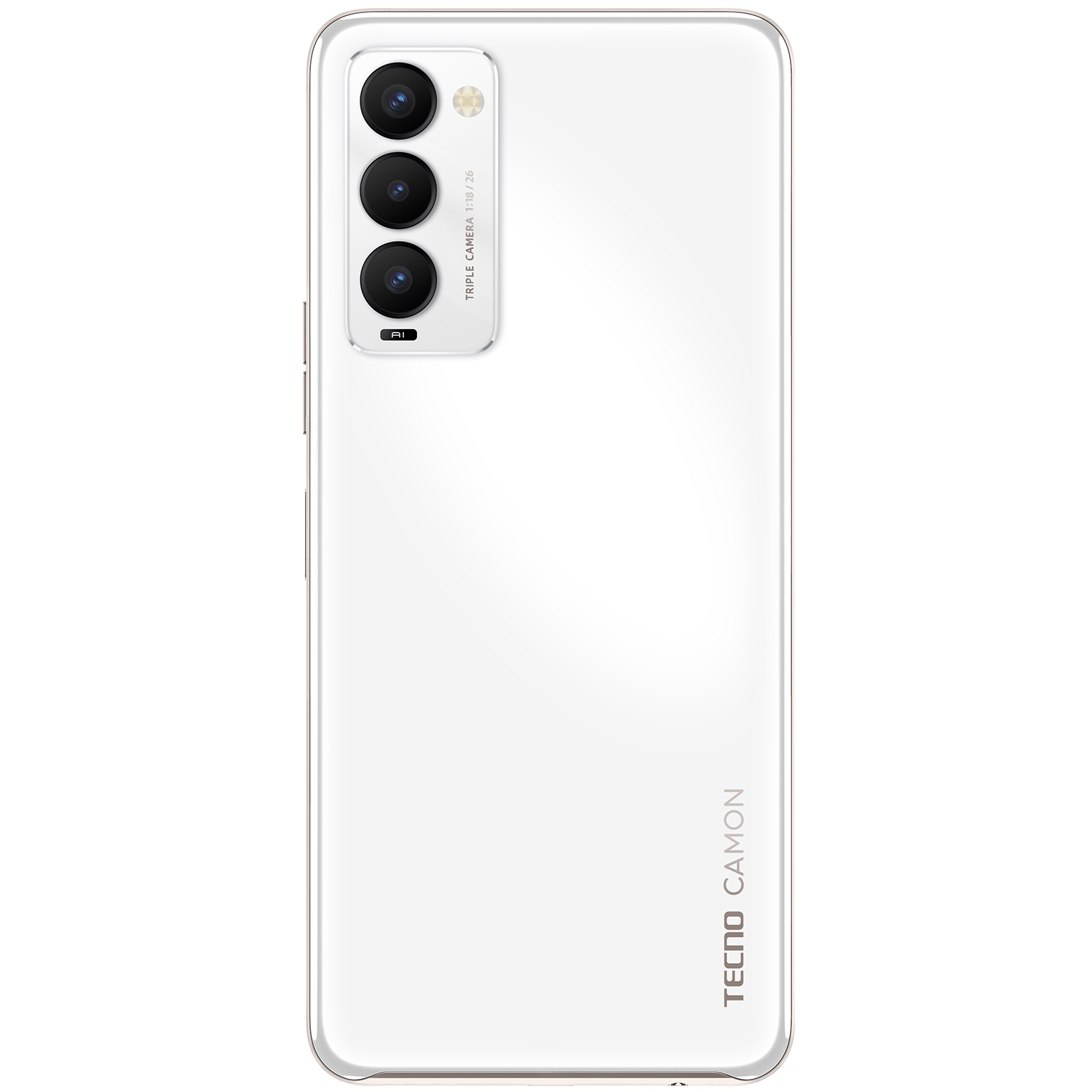Arkada üçlü kamera kurulumuna sahip beyaz akıllı telefon.